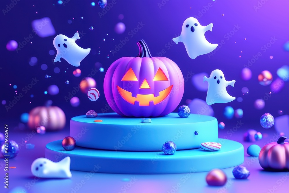 Spooky Halloween Pumpkin with Glowing Eyes and Ghostly Spirits Spooky Halloween Pumpkin with Glowing Eyes and Ghostly Spirits
