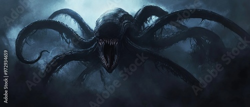 Creepy monster alien creature horror octopus tentacles ocean background wallpaper AI generated image photo