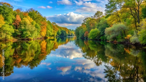 Serene view of the Seneca River reflecting the surrounding foliage, scenic, peaceful, river, water, reflection, nature, landscape