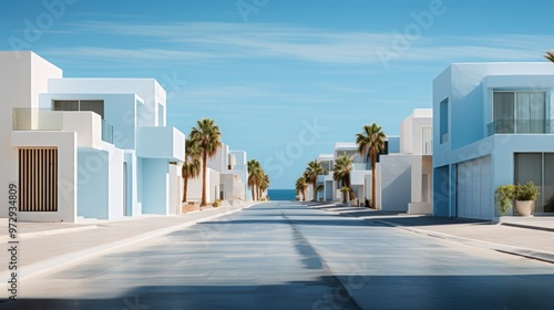 White and blue modern architecture on a sunny day.