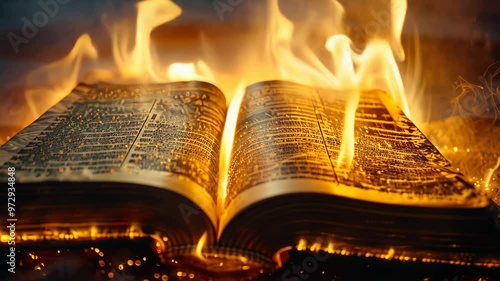A mystical journey through an ancient book engulfed in flames at dusk