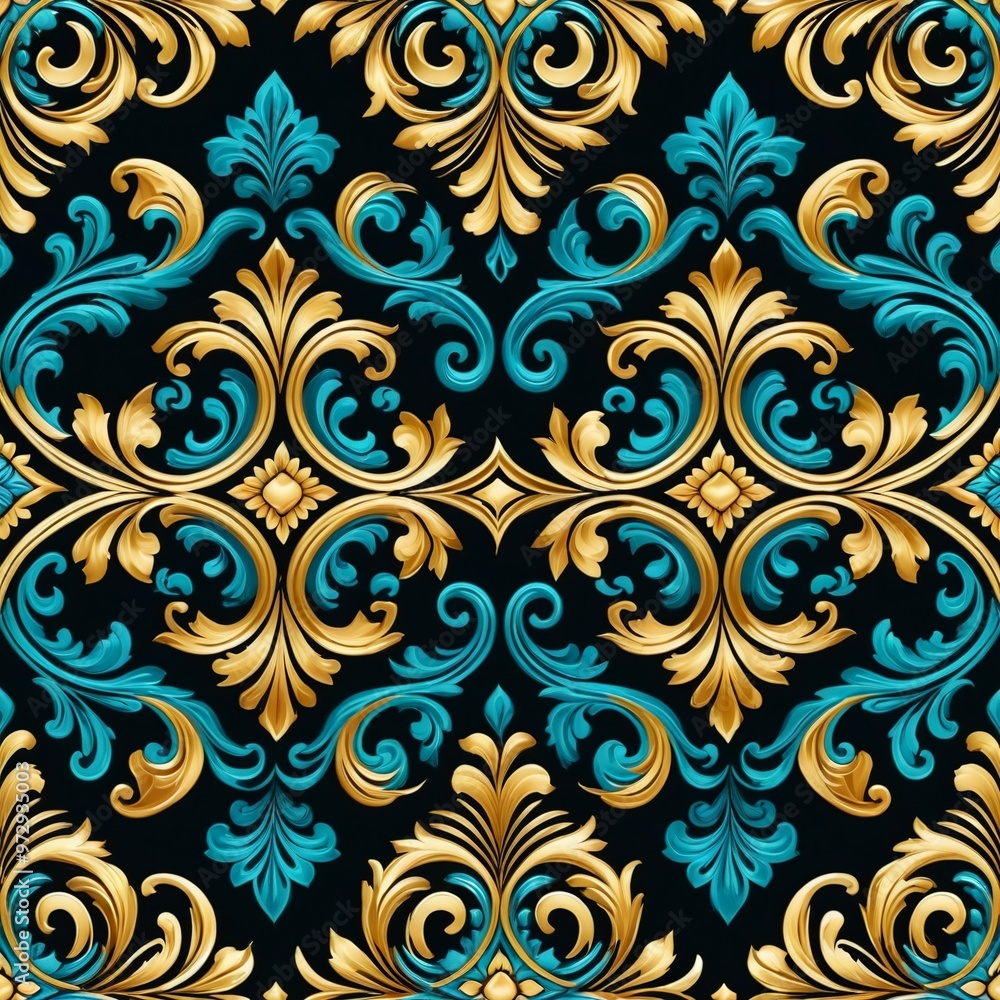 A vibrant blue and gold floral pattern set against a dark black background A vibrant blue and gold floral pattern set against a dark black background