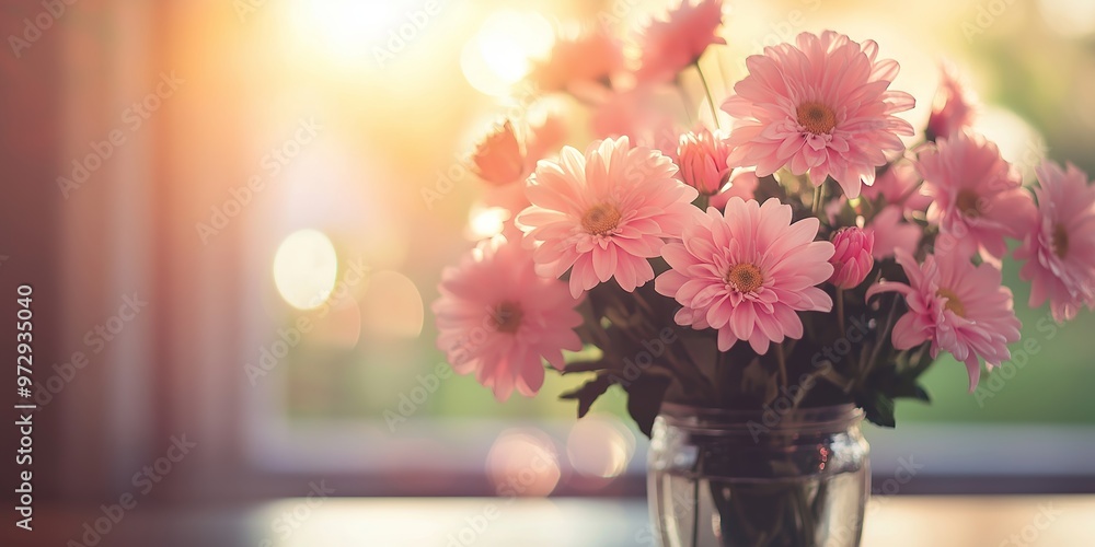 A lovely arrangement of pink daisies in a clear glass jar, illuminated by warm sunlight filtering through a window. A lovely arrangement of pink daisies in a clear glass jar, illuminated by warm sunlight filtering through a window.