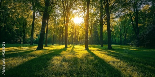 Sunlight piercing through the dense forest trees, creating a mesmerizing play of light and shadows across the green grass.