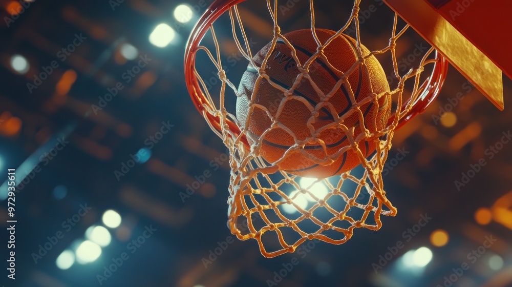 A basketball is about to enter the hoop in a vibrant sports arena. A basketball is about to enter the hoop in a vibrant sports arena.