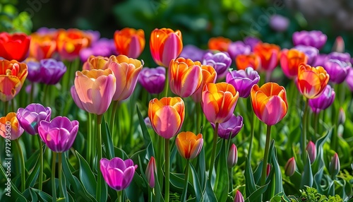 Vibrant garden filled with colorful blooming tulips standing tall against a lush backdrop of green foliage