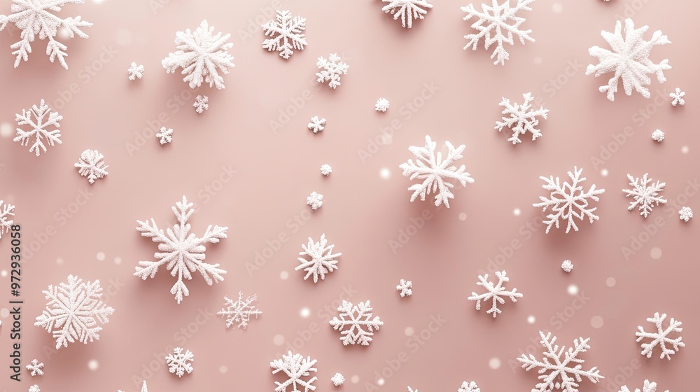 A pattern of intricate snowflakes gently falling onto a muted pink background, creating a soft and serene winter visual A pattern of intricate snowflakes gently falling onto a muted pink background, creating a soft and serene winter visual