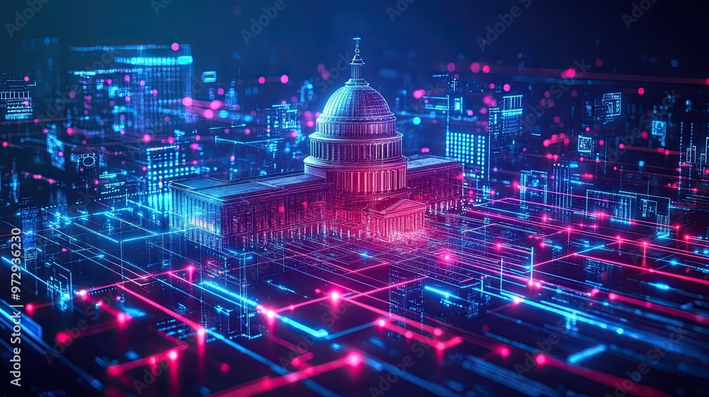 13. Economic policy representation, with a government building on one side and digital data streams flowing towards it, showing the impact of economic decisions on technology and society 13. Economic policy representation, with a government building on one side and digital data streams flowing towards it, showing the impact of economic decisions on technology and society