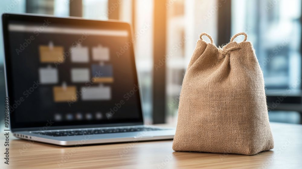 A burlap sack sits empty in front of a laptop displaying a vibrant online marketplace, symbolizing the integration of rustic packaging with modern e-commerce. A burlap sack sits empty in front of a laptop displaying a vibrant online marketplace, symbolizing the integration of rustic packaging with modern e-commerce.