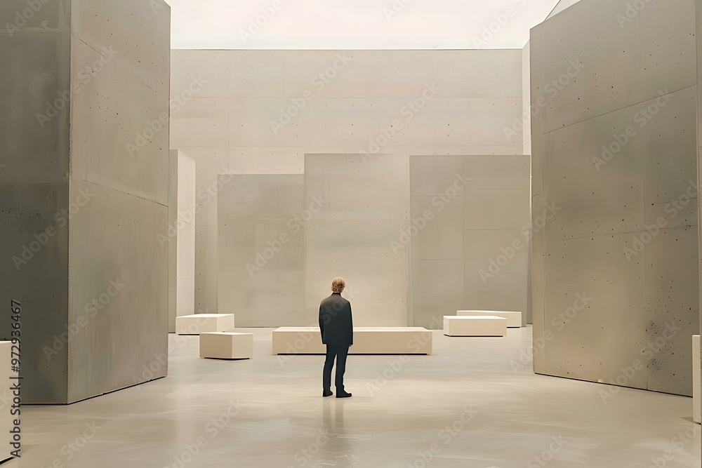 Man Standing in Minimalist Concrete Room Man Standing in Minimalist Concrete Room