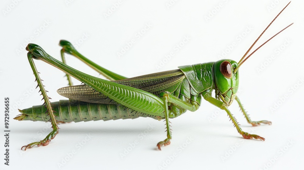 A detailed image of a grasshopper on a plain white background, showing its long legs and green body in sharp focus for an educational or illustrative purpose. A detailed image of a grasshopper on a plain white background, showing its long legs and green body in sharp focus for an educational or illustrative purpose.