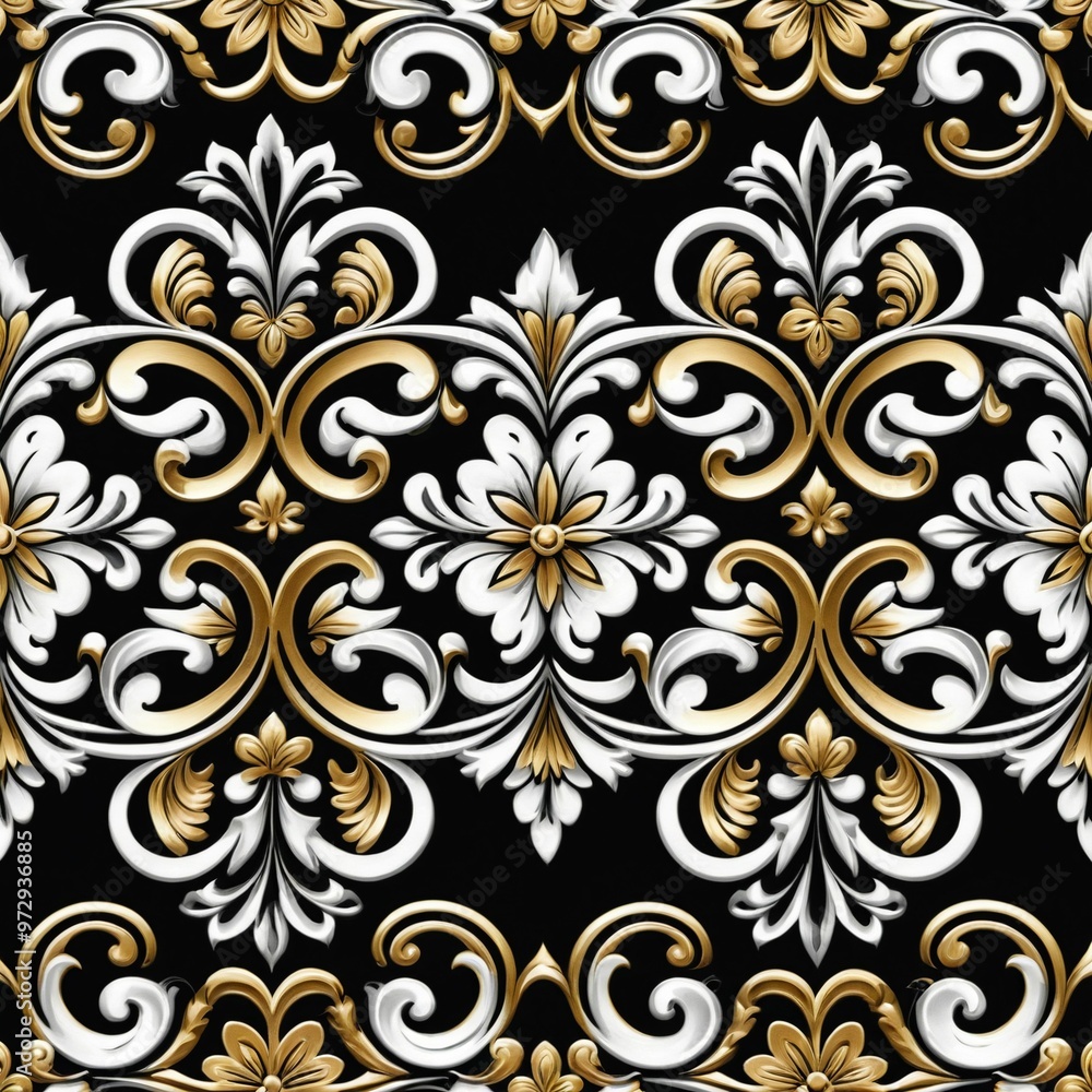 A decorative floral pattern featuring golden and white elements against a dark black background A decorative floral pattern featuring golden and white elements against a dark black background