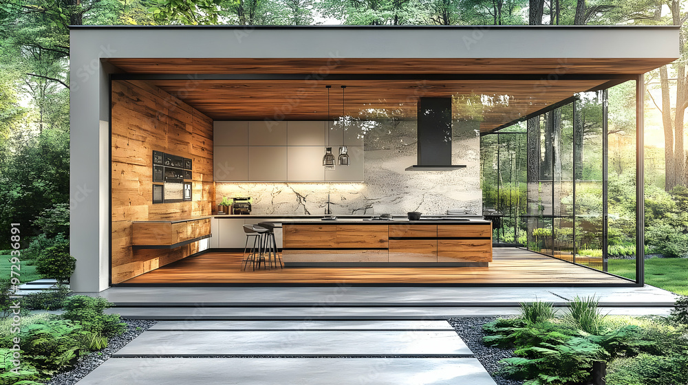 Modern kitchen design integrated with nature, featuring wood and glass elements. Modern kitchen design integrated with nature, featuring wood and glass elements.