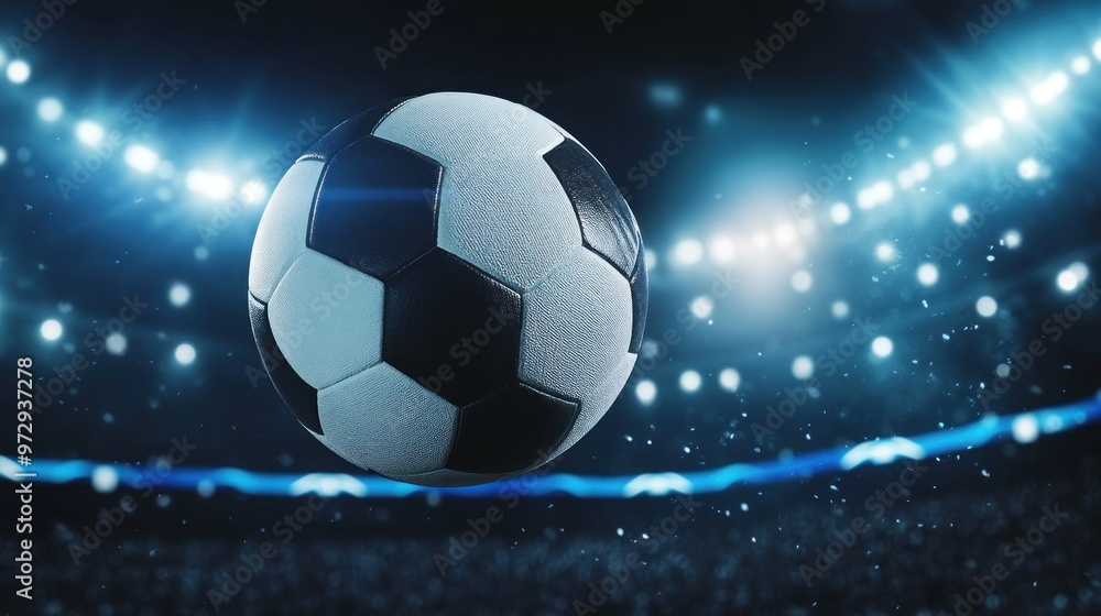 Naklejka premium A soccer ball suspended in a stadium, illuminated by dramatic lighting.