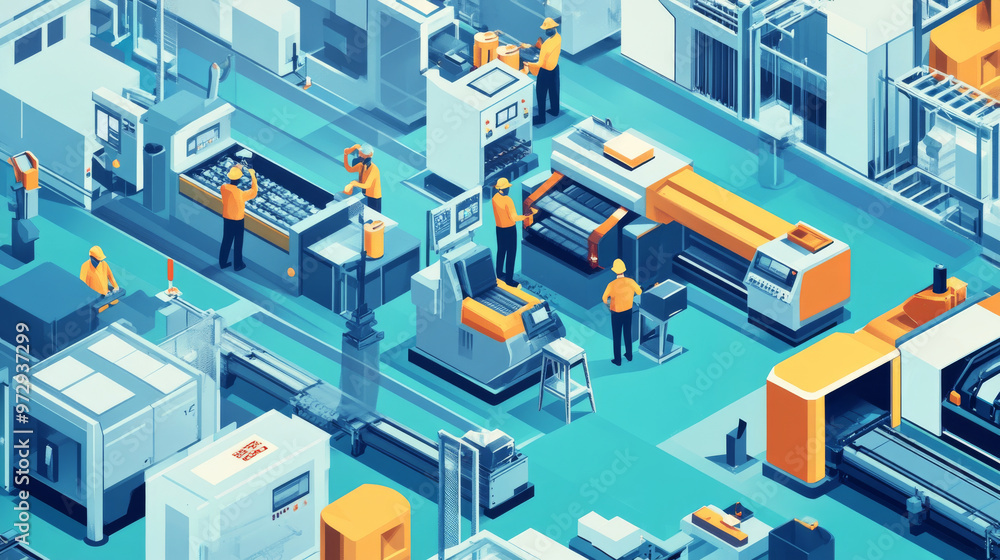A group of workers are in a factory, with a variety of machinery and equipment A group of workers are in a factory, with a variety of machinery and equipment