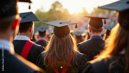 Back view of graduates at a commencement, centered on one student, under warm sunlight. photo