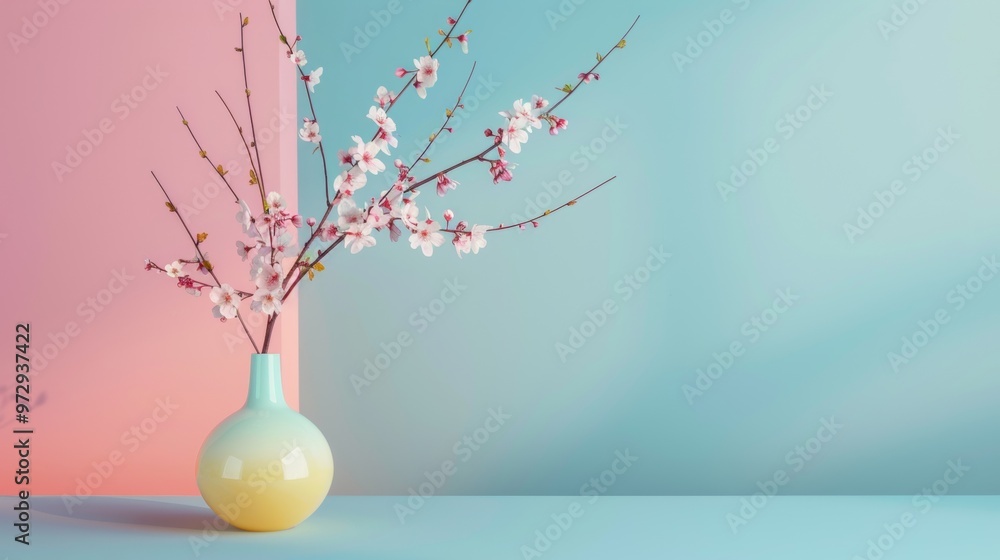 Pink cherry blossom branch in a pastel-colored vase Pink cherry blossom branch in a pastel-colored vase