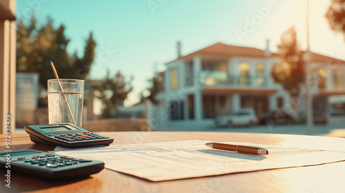 An outdoor table holds a property deed, mortgage papers, and a calculator, with a newly constructed house in the distance, symbolizing the completion of the home-buying journey.