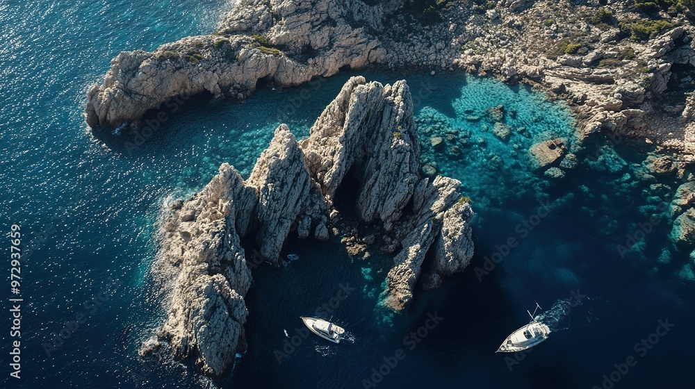 Obraz premium Aerial view of rocky coastline with crystal clear waters and boats moored at midday in a tranquil coastal area