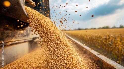 Pouring soy bean grain into tractor trailer after harvest at field.