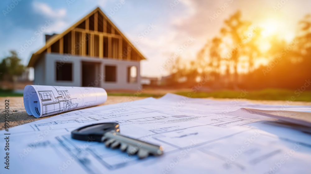Various property papers, a house key, and a blueprint sit on a table ...