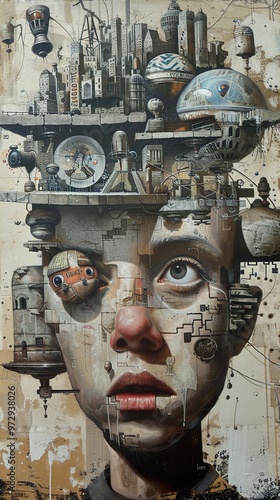 A surreal portrait of a person with a cityscape growing out of their head, a symbol of the overwhelming pressures of modern life.