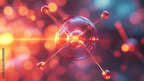 educational illustration of atomic structure featuring a 3D rendering of neutrons, protons, and electrons in the nucleus of atoms