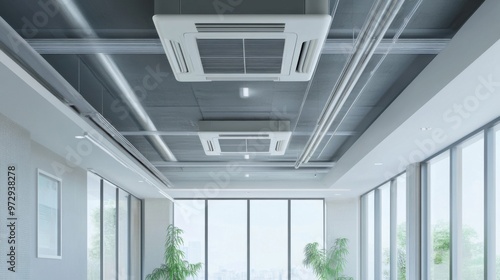 Interior room with ceiling mounted cassette type air conditioner. photo