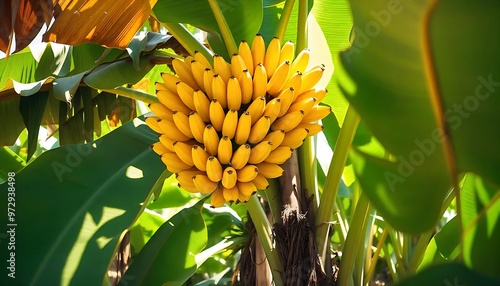 sunny garden full of tropical banana tree plants, bunch of yellow ripe banana, large exotic green leaves casting the shadow., outdoor garden concept, Banana fruits, created with generative ai photo