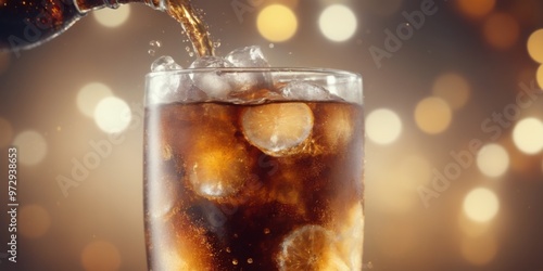 Celebratory Cola Pour with Ice Cubes and Bokeh Lights on Night S