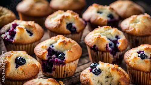 Freshly baked muffins, golden brown and perfectly risen, sitting on a rustic wooden table