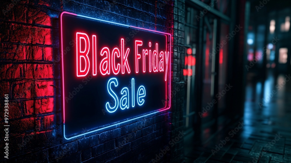 A vibrant, glowing neon sign in bold, electric blue and red colors that reads A vibrant, glowing neon sign in bold, electric blue and red colors that reads