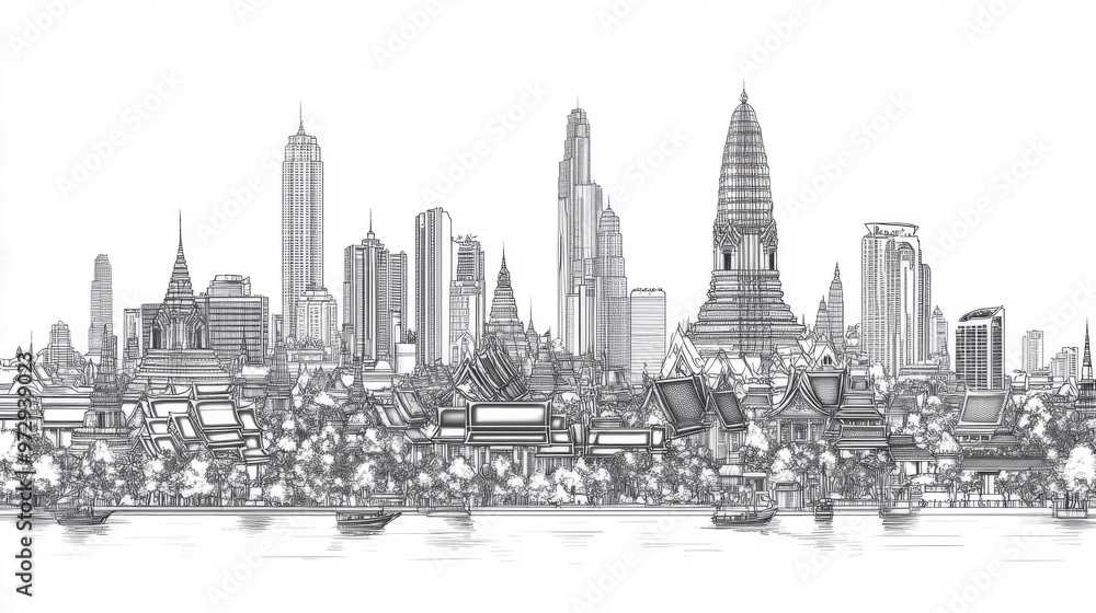 Fototapeta premium A line art vector illustration of Bangkok.