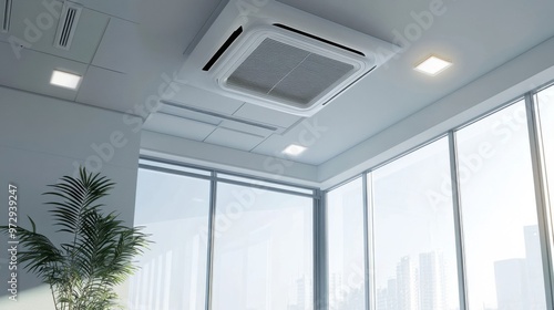 Interior room with ceiling mounted cassette type air conditioner.