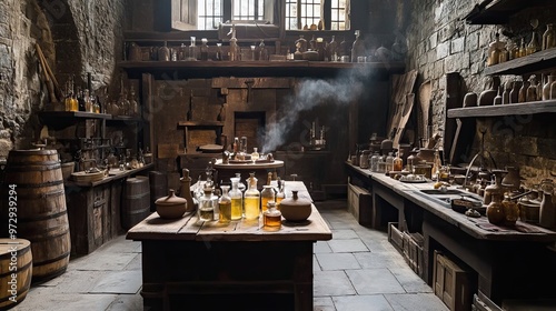 A dimly lit, rustic room with shelves filled with glass bottles and jars