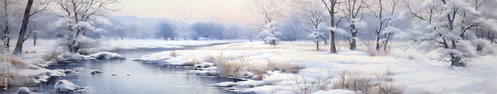 Panorama of a winter river landscape with snowy banks, tranquil mood, watercolor background Panorama of a winter river landscape with snowy banks, tranquil mood, watercolor background