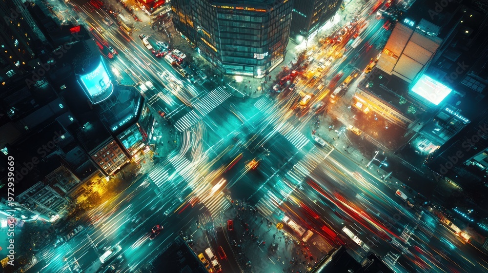 Fototapeta premium A dramatic aerial view of a city intersection at night, with bright traffic lights, illuminated buildings, and the dynamic flow of vehicles creating a vibrant scene