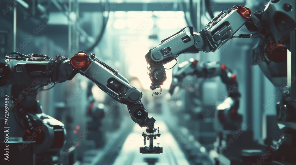 Robotic arms assembling components in an industrial setting Robotic arms assembling components in an industrial setting