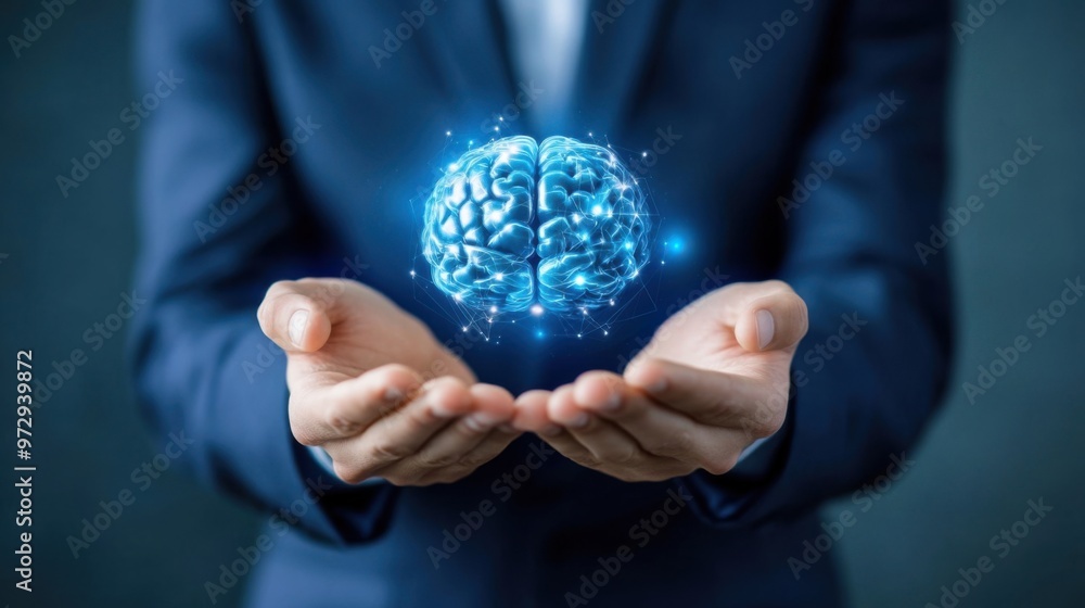 businessman holding an AI icon with a brain and innovation. businessman holding an AI icon with a brain and innovation.