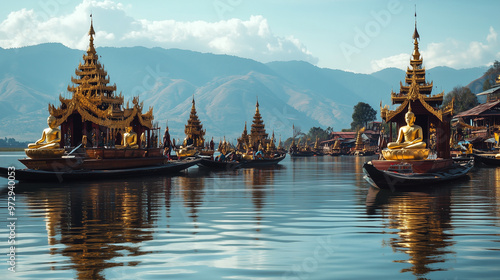 Phaung Daw Oo Pagoda Festival in Inle Lake, Myanmar, large wooden boats decorated with gold, sacred Buddha statues carried on the boats, Ai generated images photo