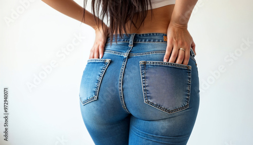 Product photography of a Latin woman modeling jeans, focused on fit and style. photo