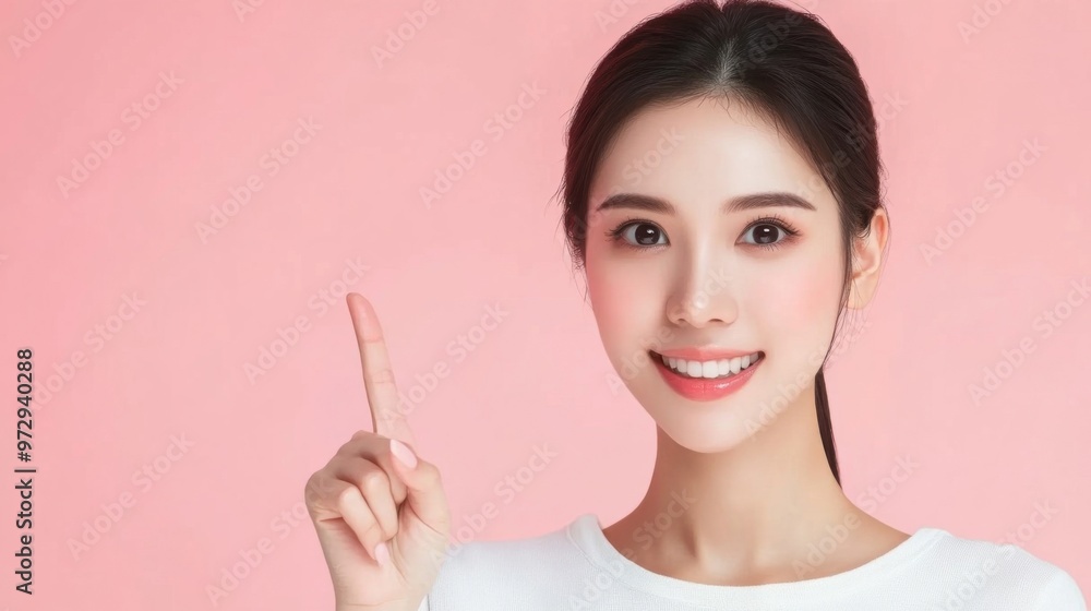 Asian woman presents, pointing finger up with copy space pink background, portrait beauty, confidence, and elegance of a young and attractive Asian model Asian woman presents, pointing finger up with copy space pink background, portrait beauty, confidence, and elegance of a young and attractive Asian model