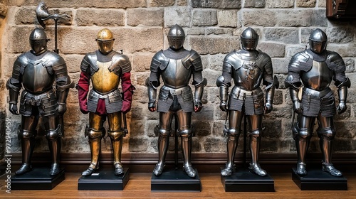 Five Suits of Armor Standing Before a Stone Wall