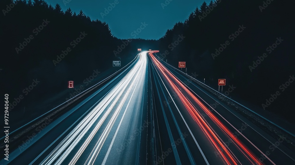 A dramatic shot of a long, empty highway at night, with bright headlights of a passing car cutting through the darkness and illuminated road signs in the distance. A dramatic shot of a long, empty highway at night, with bright headlights of a passing car cutting through the darkness and illuminated road signs in the distance.