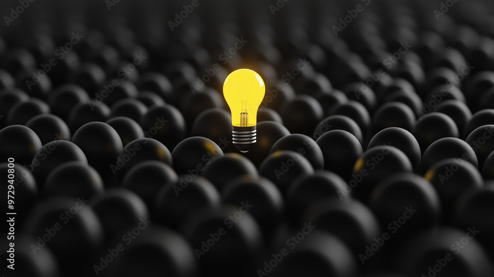 Fototapeta premium One shining yellow light bulb above a sea of black, unlit bulbs, symbolizing a sudden and unique breakthrough in thought.
