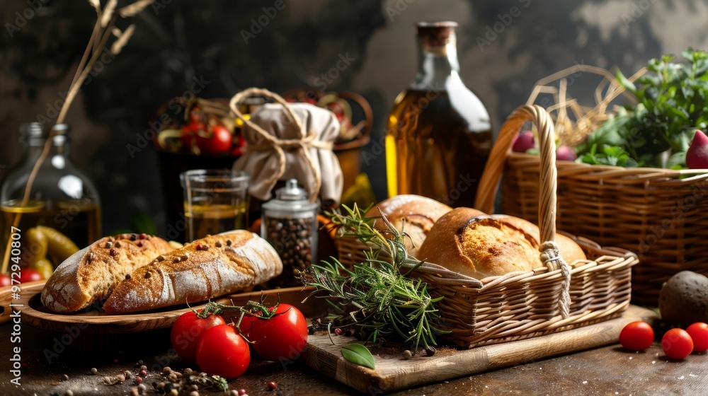 Rustic bread with herbs and tomatoes in a country kitchen Rustic bread with herbs and tomatoes in a country kitchen