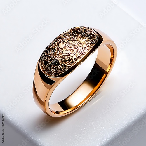 Gold ring with a floral design and engraved details, perfect for a wedding band or a luxurious gift. photo