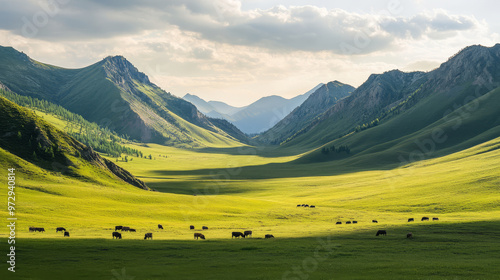 Lush Mongolian valley in spring, dotted with grazing animals, tall mountains casting long shadows, photo