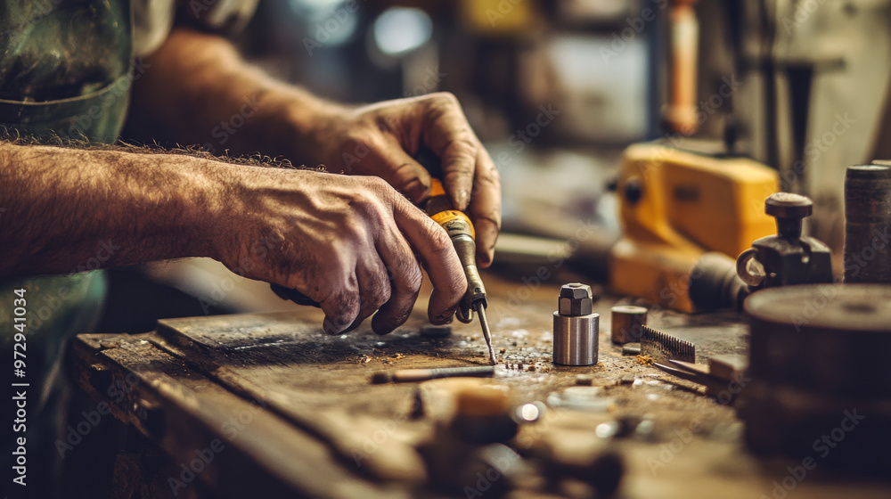 Close-up of hands working with industrial tools in a workshop Close-up of hands working with industrial tools in a workshop
