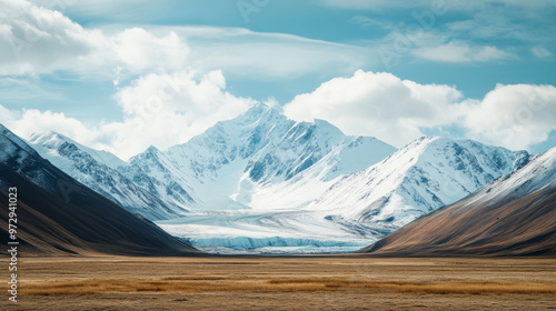 Majestic snow-covered Mongolian mountains, glaciers glistening in the sunlight, a sense of awe and wonder,